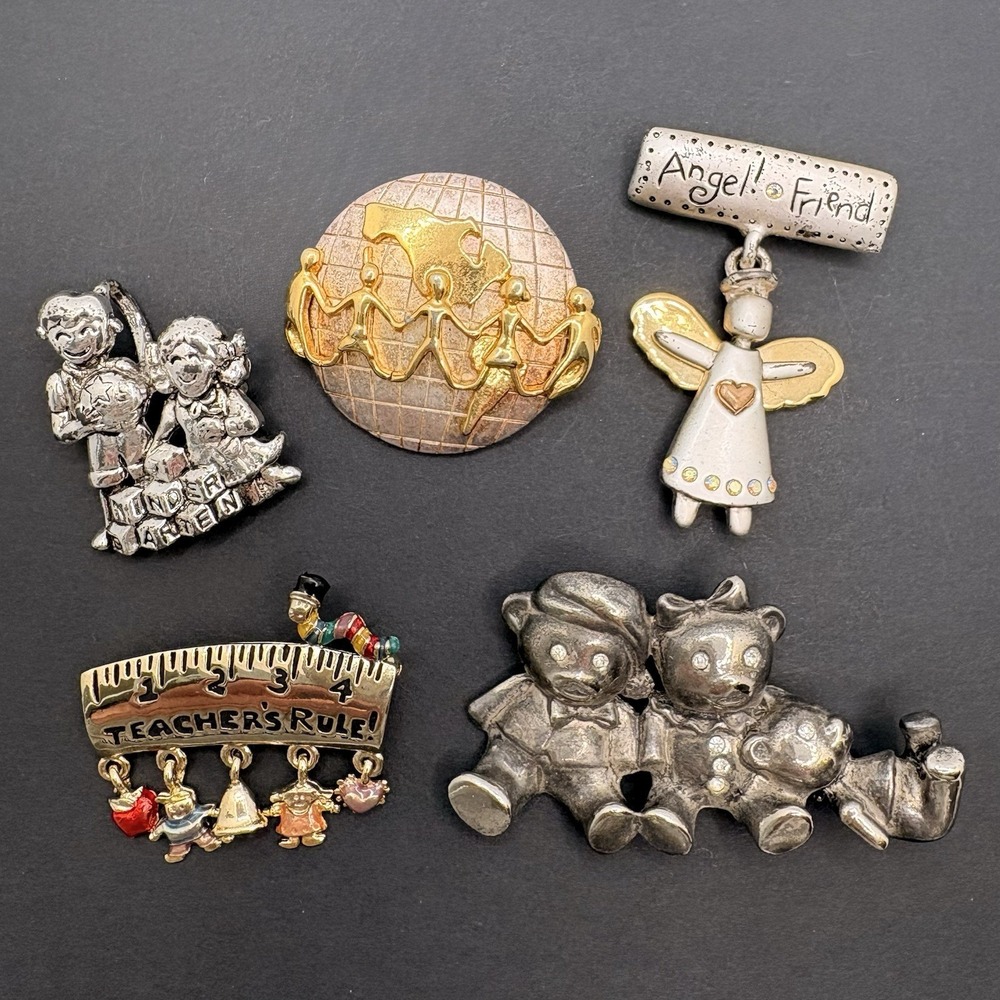 Vintage Lot of 5 Brooches Teacher Kindergarten Angel World Danecraft Unsigned